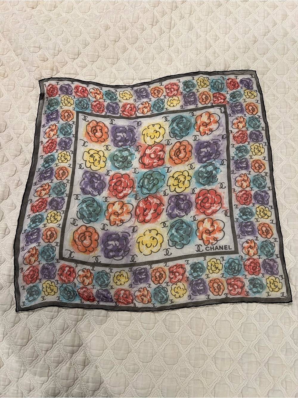 CHANEL Multicolor Floral Silk Scarf with Camellia Motif